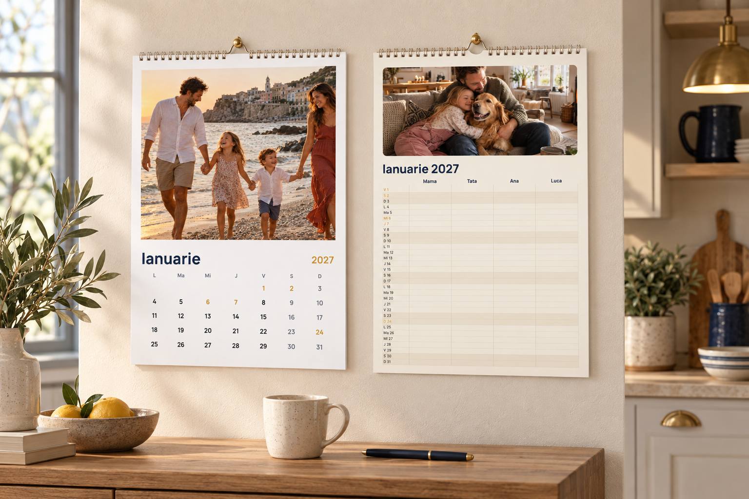 A photo wall calendar hanging in a kitchen.