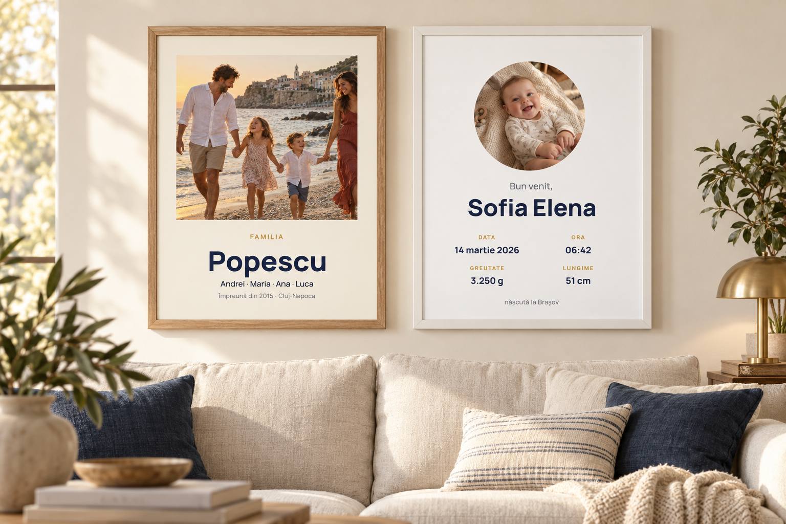 A framed family print with the family name, hanging above a sofa.